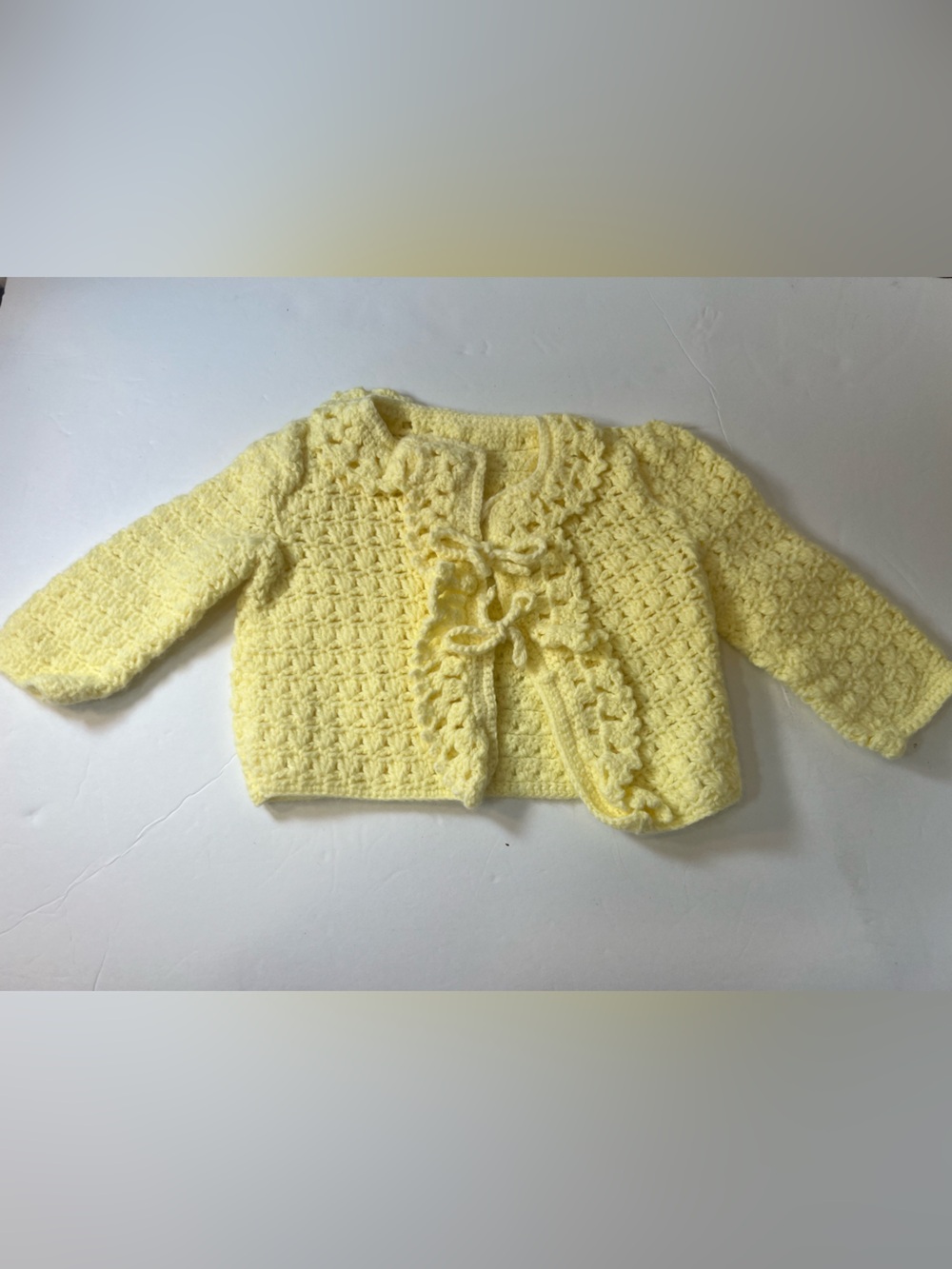Vintage Hand-Crocheted Yellow Kids Cardigan with Tie-Front w/Booties & Hat
